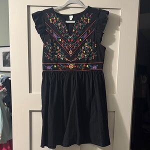 Floral Embroidered Black Kids Dress